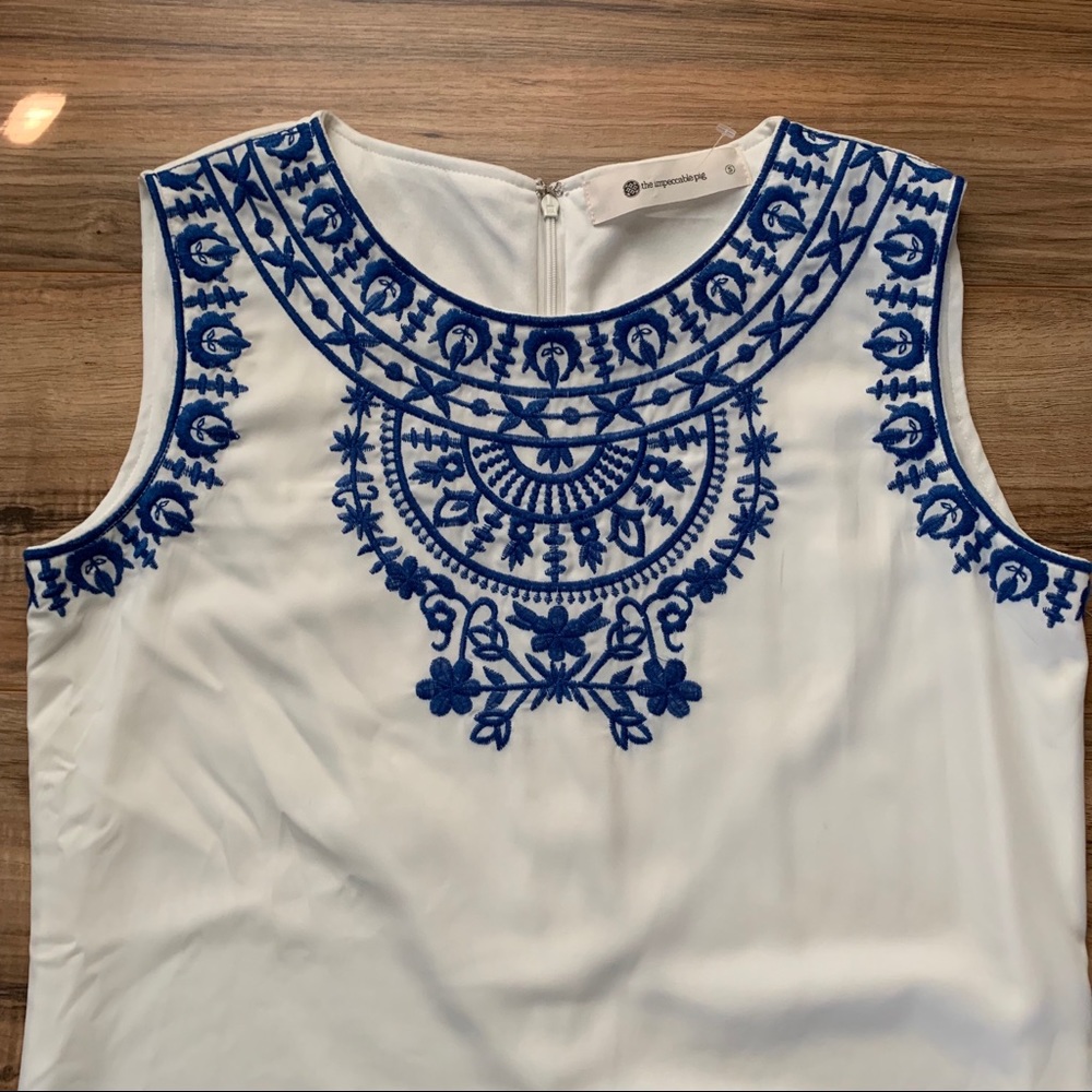 The Impeccable Pig Sleeveless White Dress W/ Blue - Picture 2 of 7